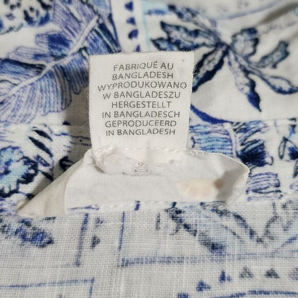 C&C California Womens Linen Shirt Roll-Tab Sleeve White Blue Tropical Size L - Picture 7 of 8